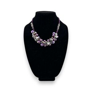 Chunky Bubble Statement Necklace Purple and Silver Balls 18" NWOT